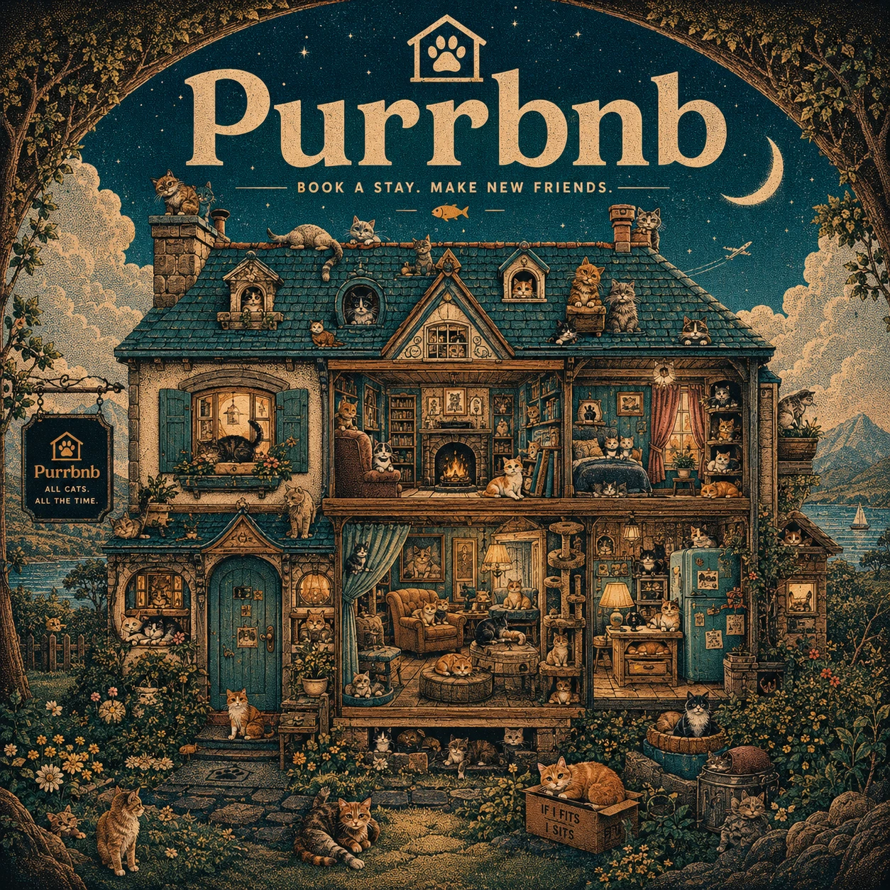 Whimsical cottage packed with hidden cats in every corner