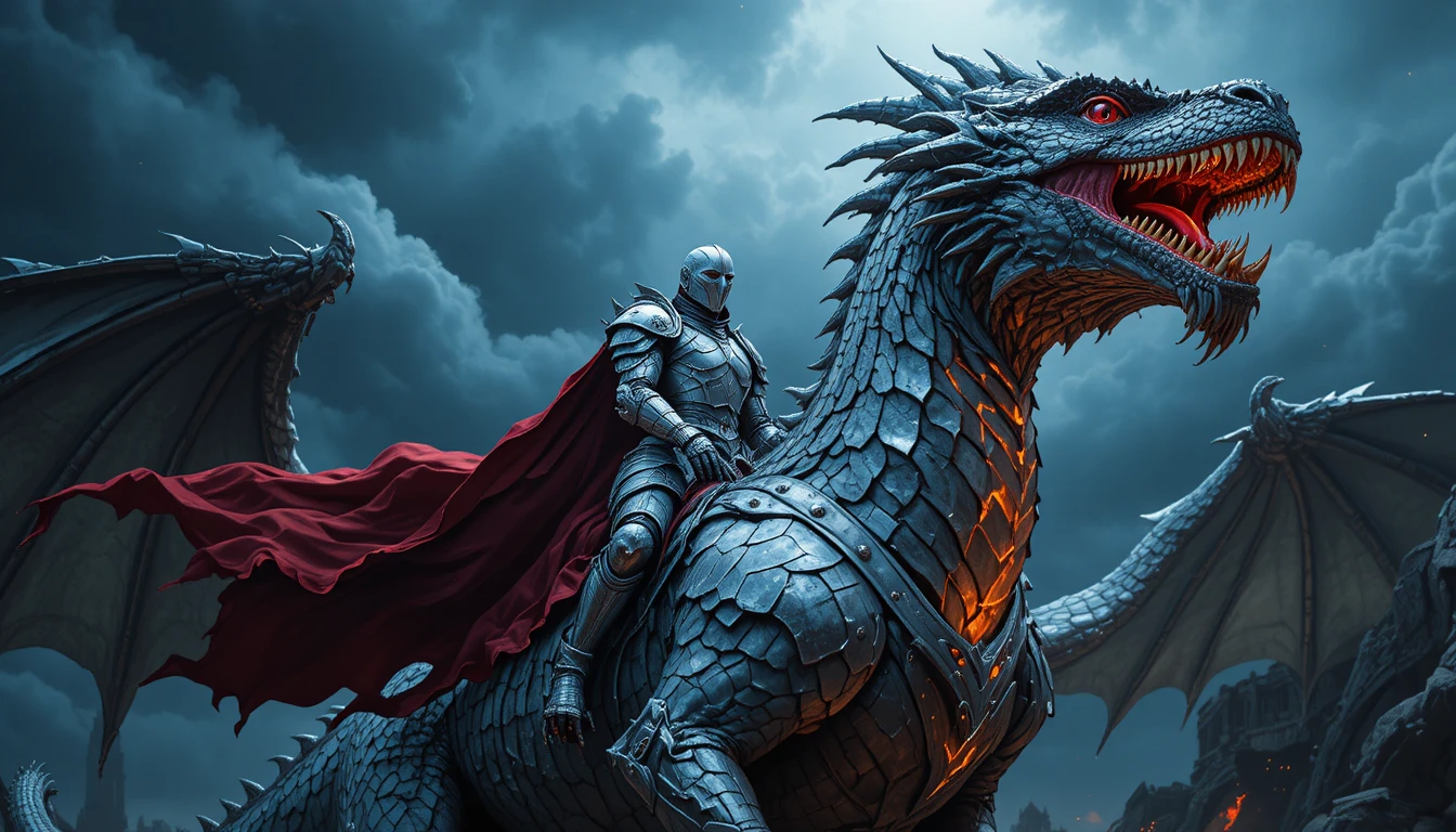 Chevalier chevauchant d’immenses dragons sous un ciel orageux