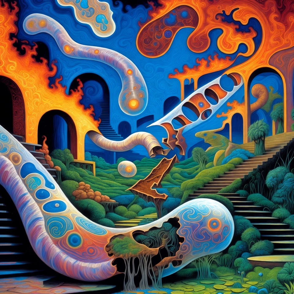 Criaturas tubulares abstratas em desenho surreal e contemplativo