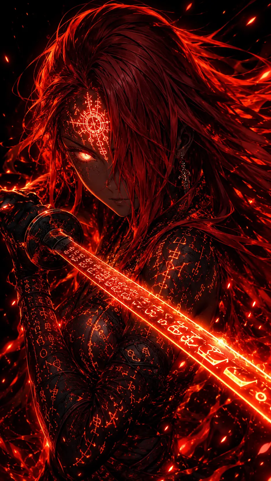Anime warrior woman with glowing runes and katana