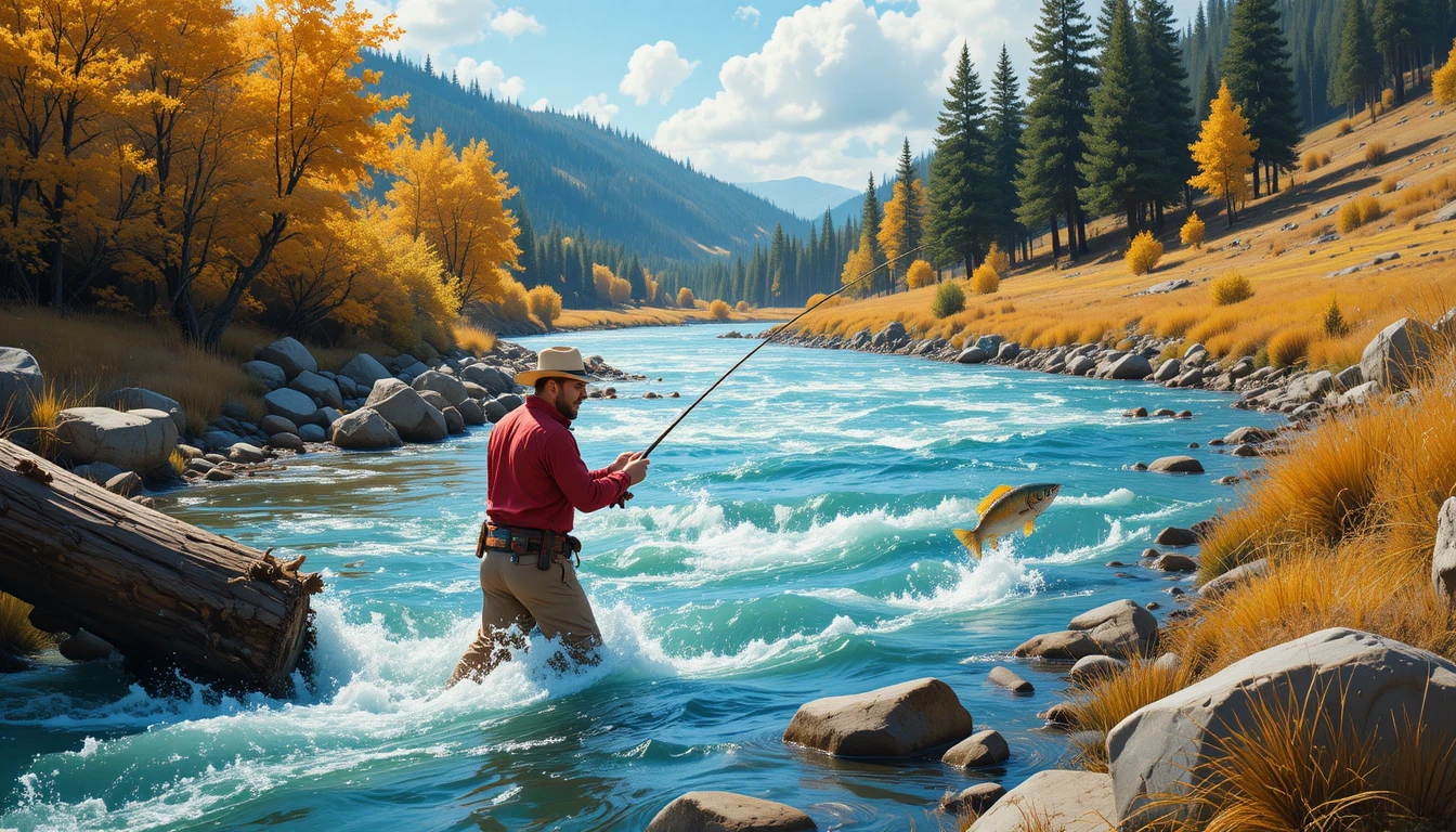 Homme pêchant à la mouche dans une rivière turquoise en automne