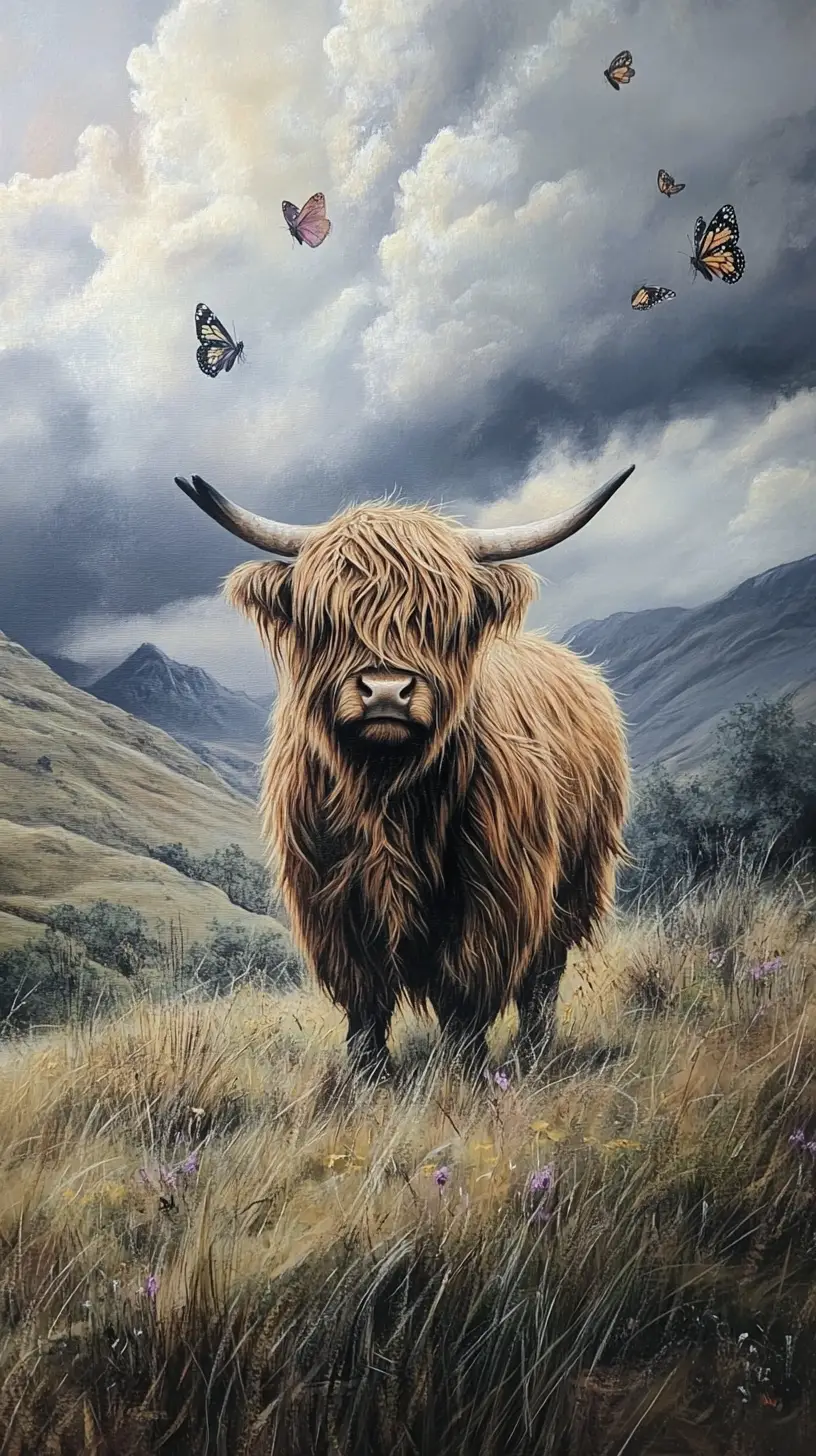 Highland cow standing on rolling hills in soft clouds