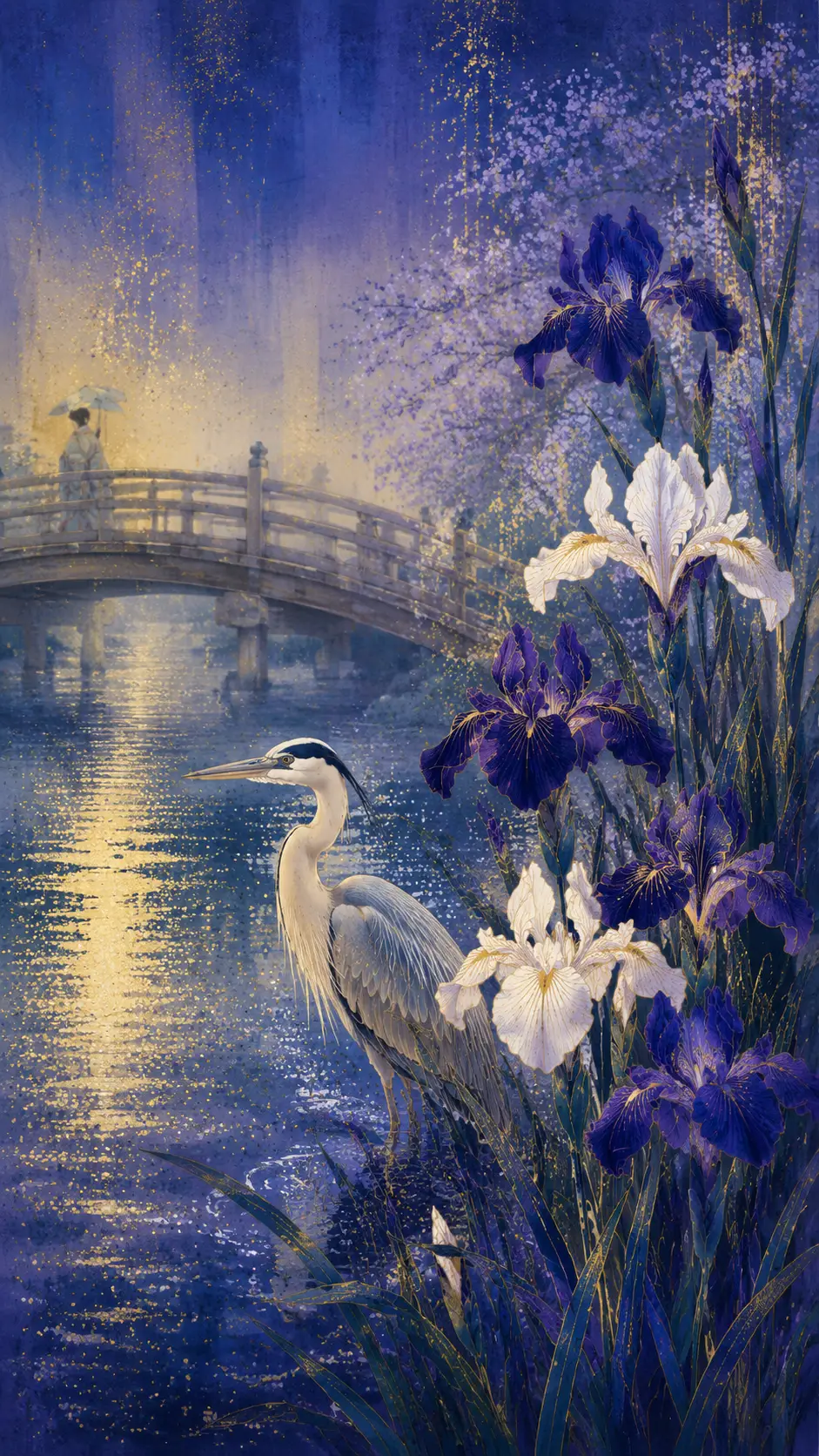 Graceful heron with iris flowers by a quiet waterside