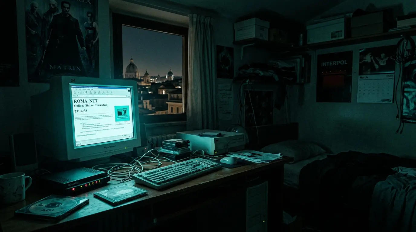 Dunkles Schlafzimmer mit leuchtendem CRT-Monitor und verhedderten Kabeln
