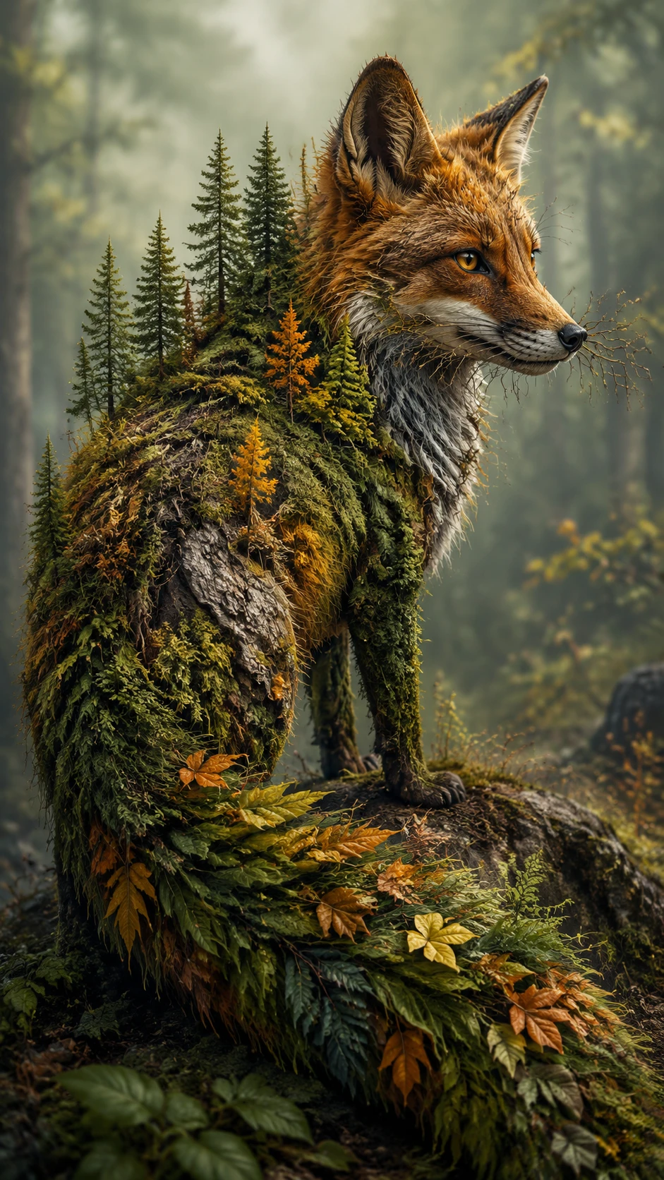 Raposa se transformando perfeitamente em uma exuberante paisagem de floresta