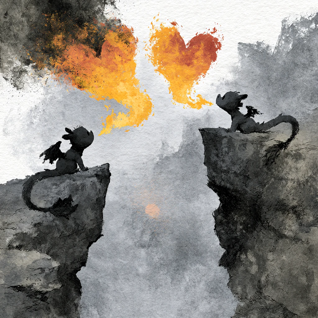 Deux jeunes dragons s’échangeant des cœurs de feu au-dessus des falaises
