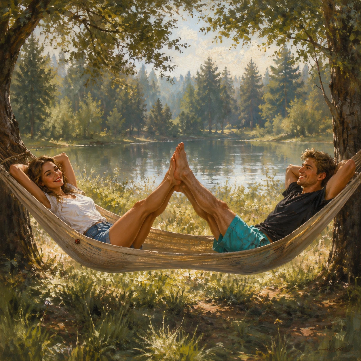 Romantic Couple Relaxing In A Hammock In Nature