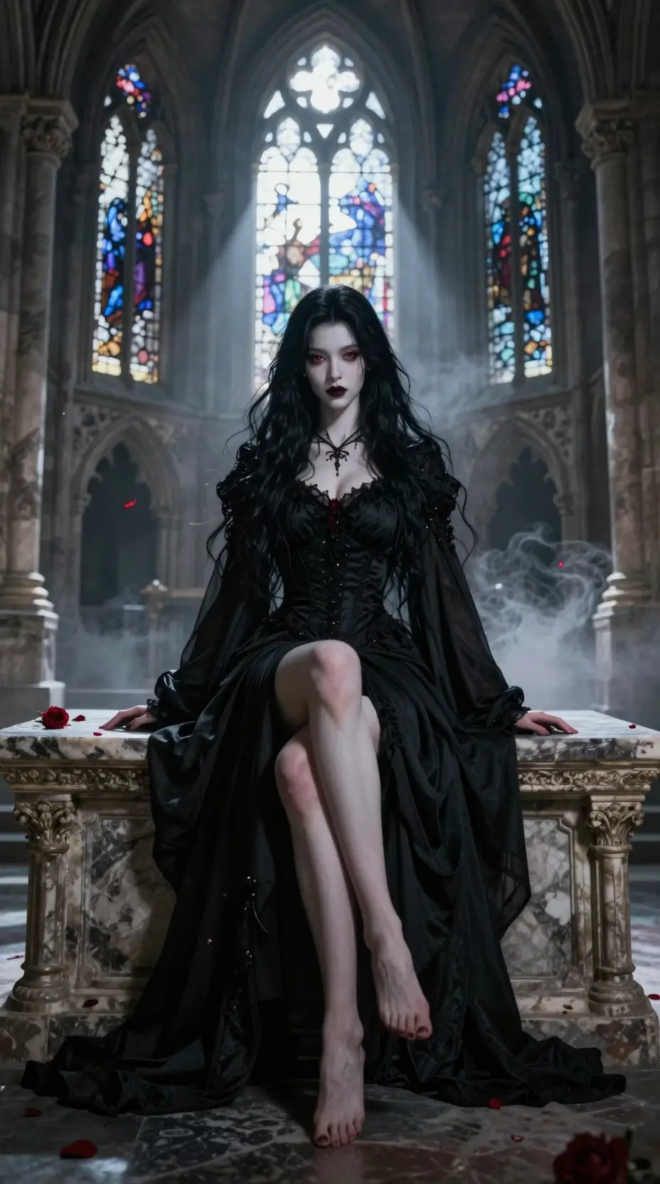 Vampire queen on ancient altar in gothic cathedral ruins
