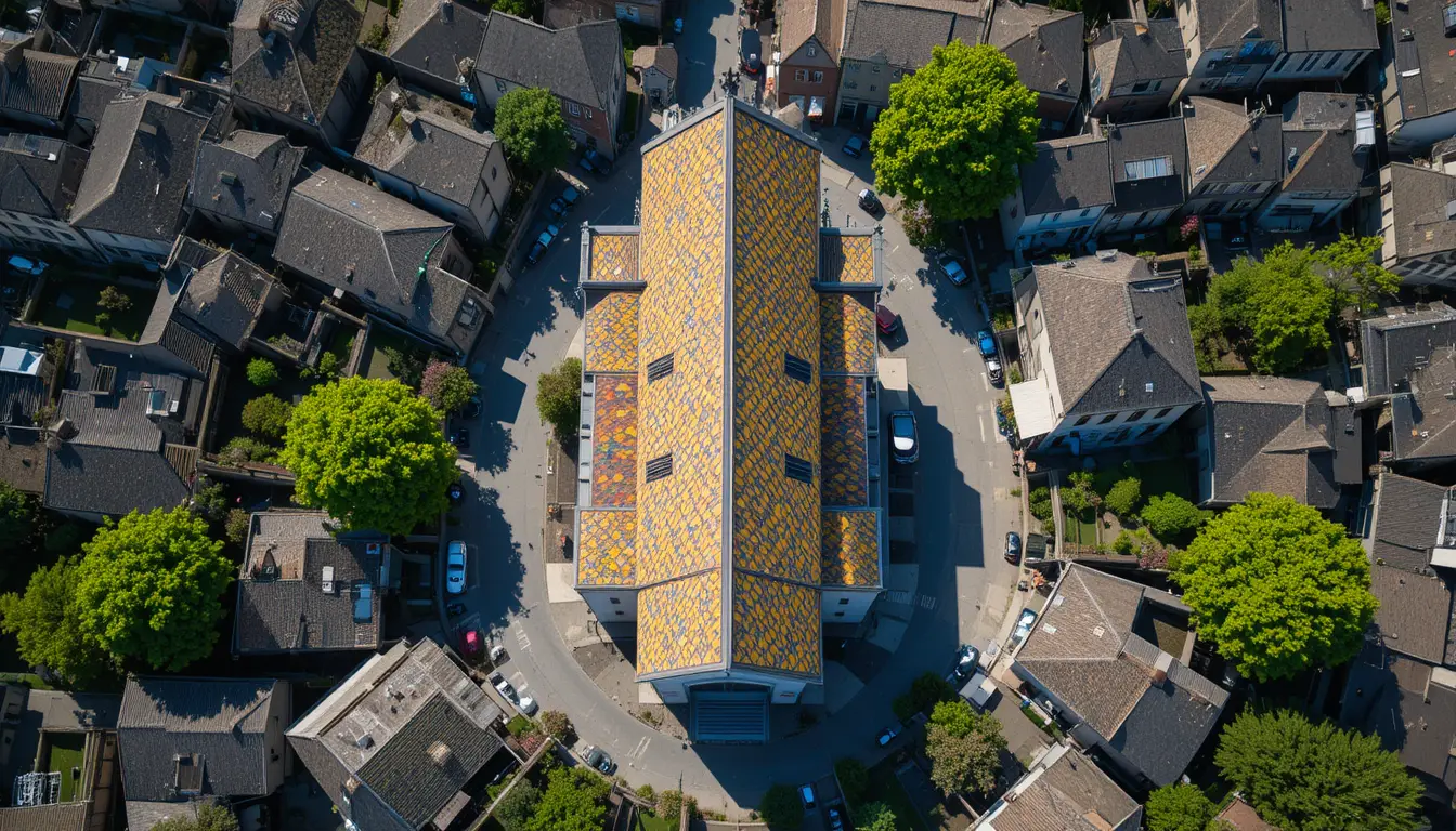 Vue aérienne par drone du toit coloré de l’église Saint-Bruno
