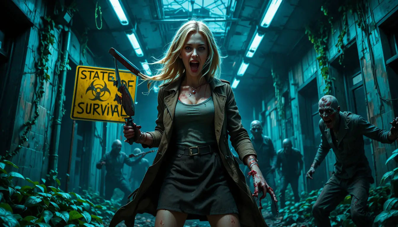 Woman fighting zombies in a ruined overgrown city interior