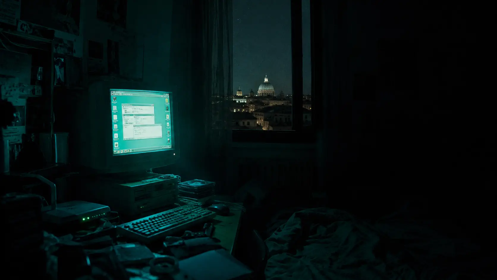 Dunkles Schlafzimmer mit leuchtendem CRT-Monitor und unordentlichem Schreibtisch