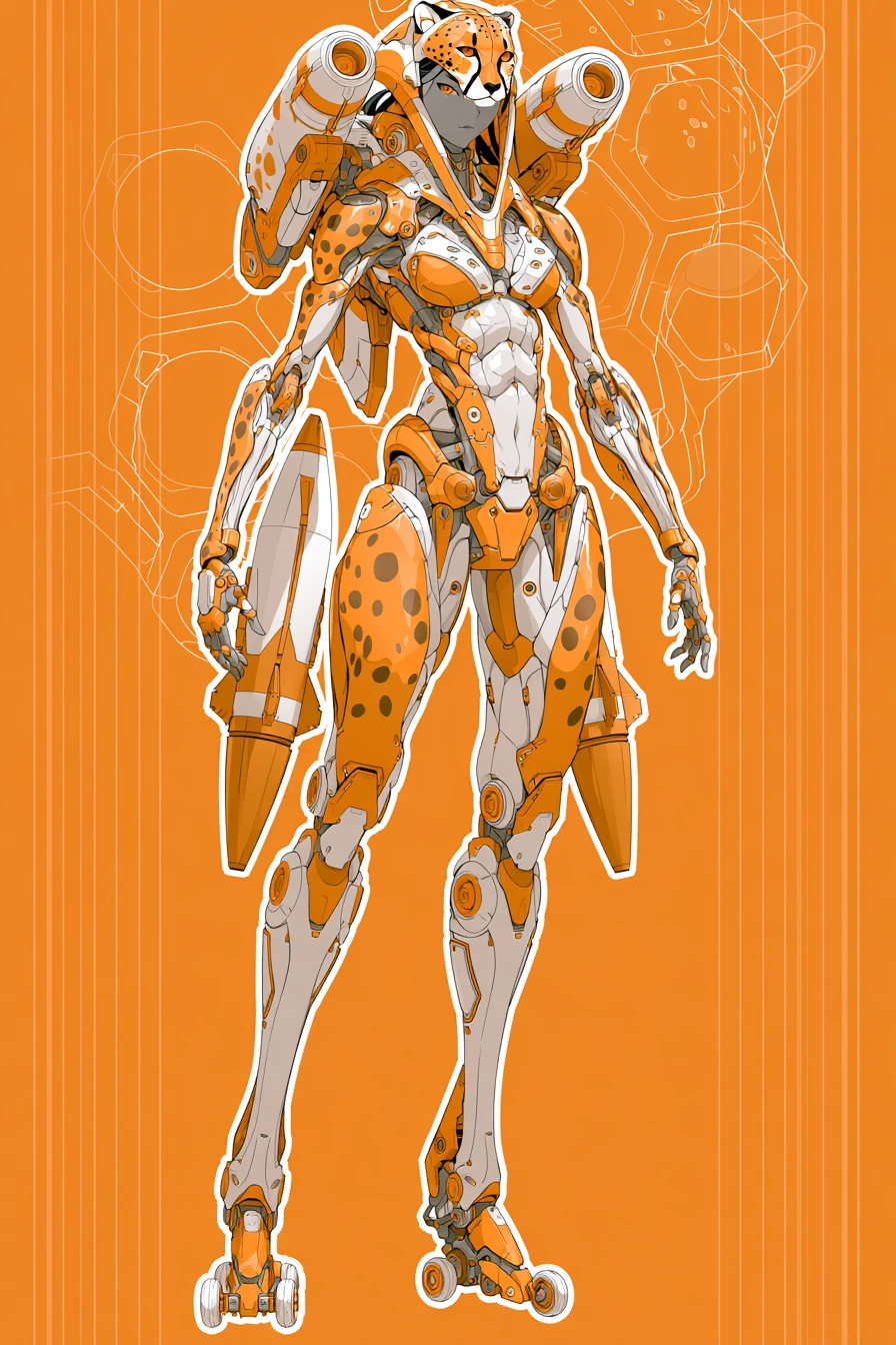 Mulher alta de anime em armadura mecha com tema de chita