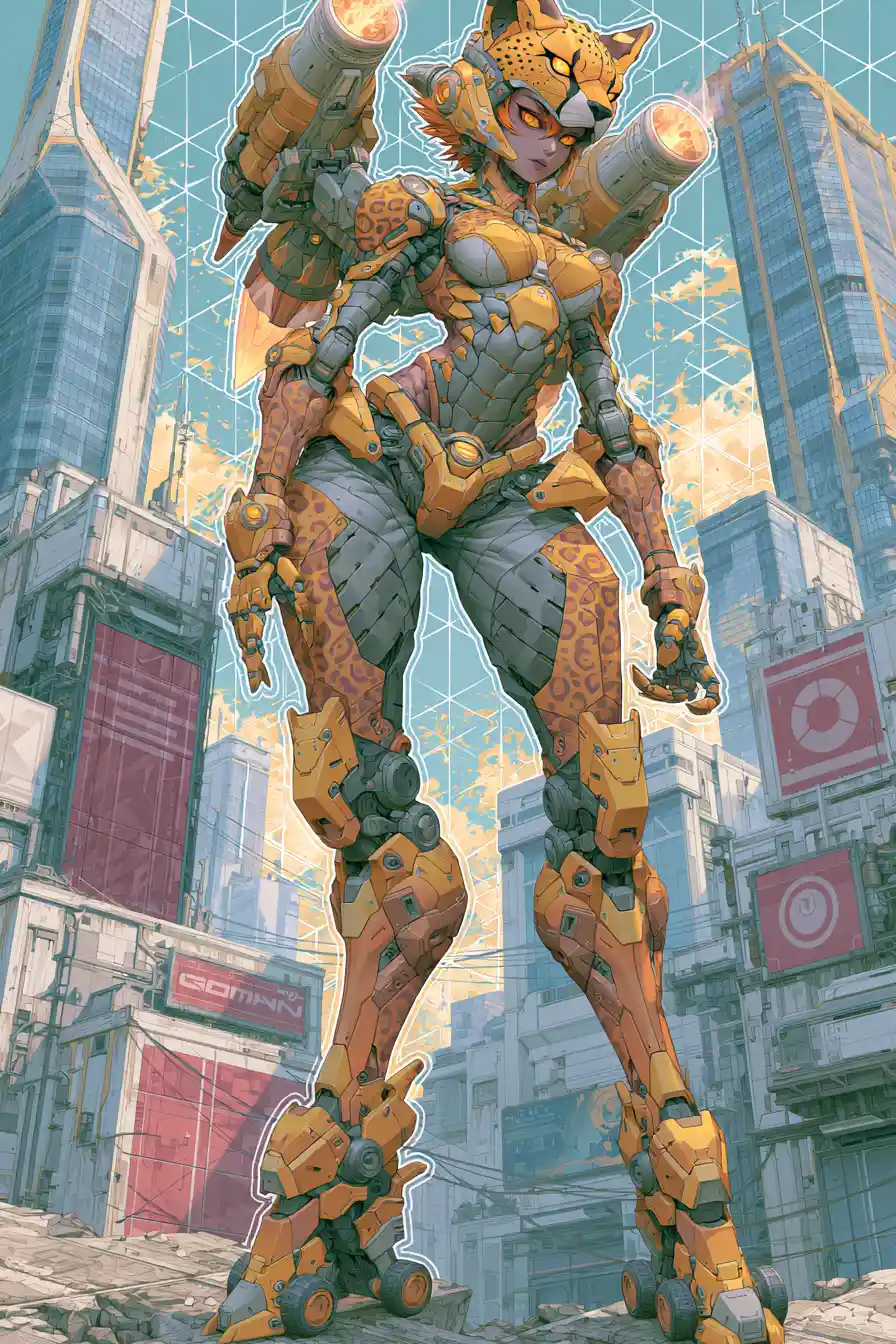 チーター風メカスーツをまとった背の高い装甲アニメ女性