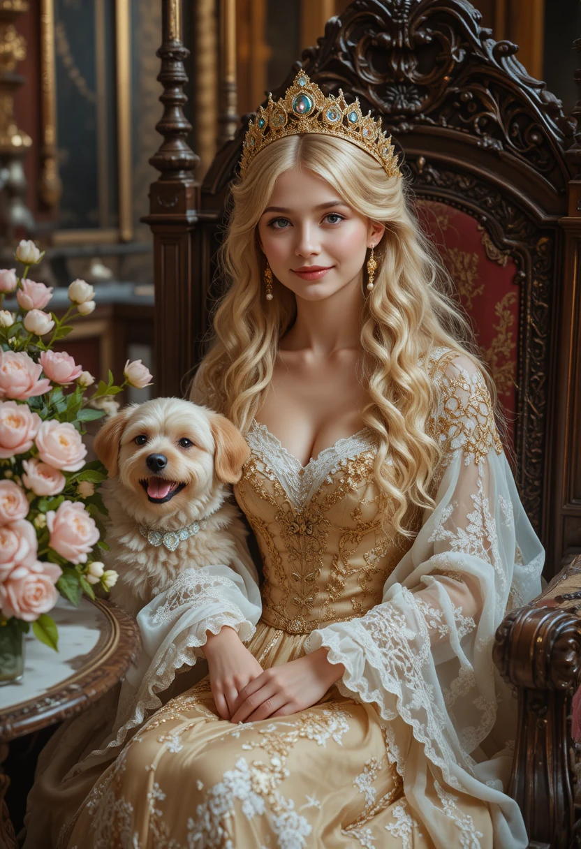 Princesa loira com vestido dourado no interior de um palácio