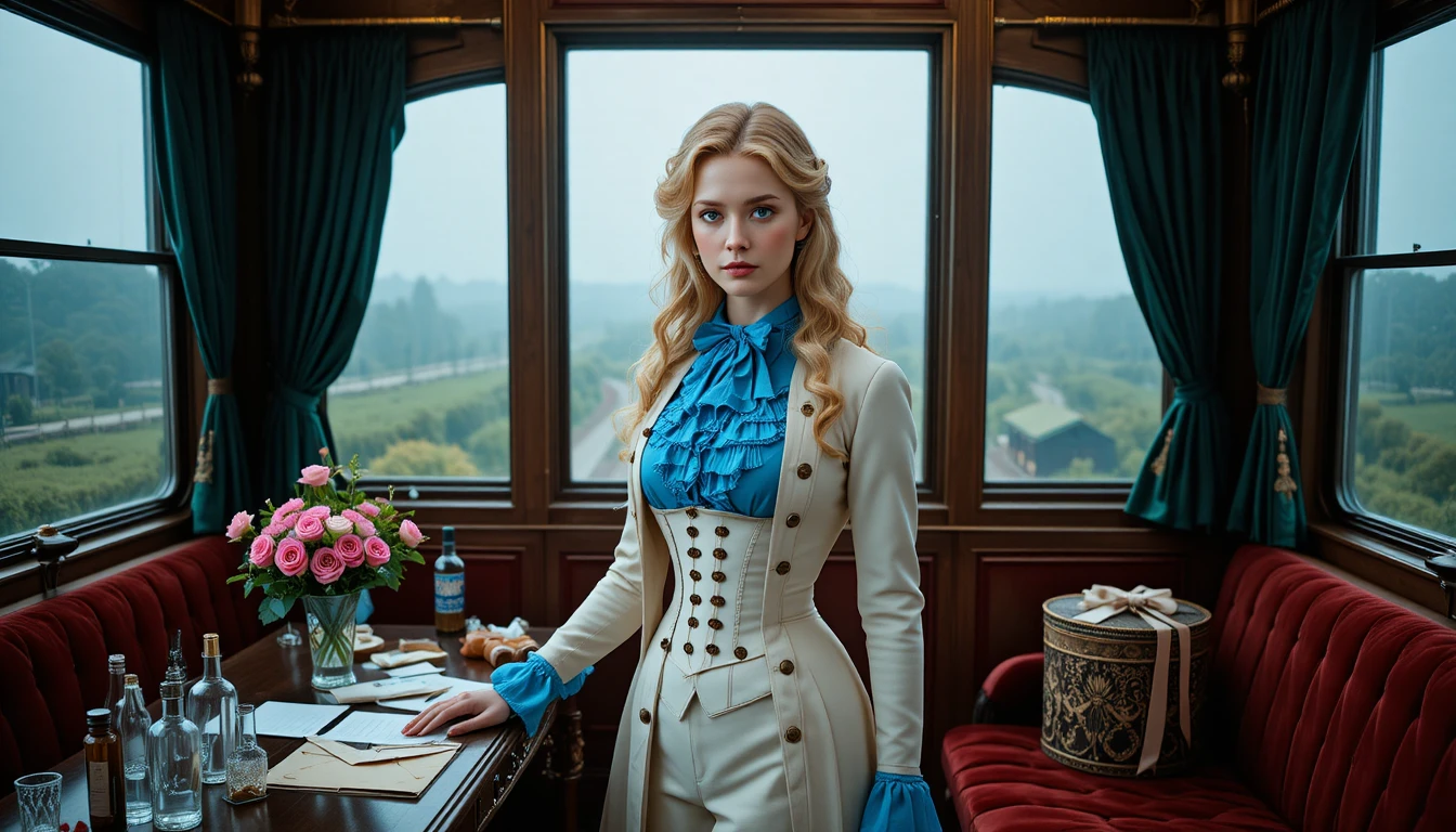 Elegante mujer victoriana en un lujoso compartimento de tren