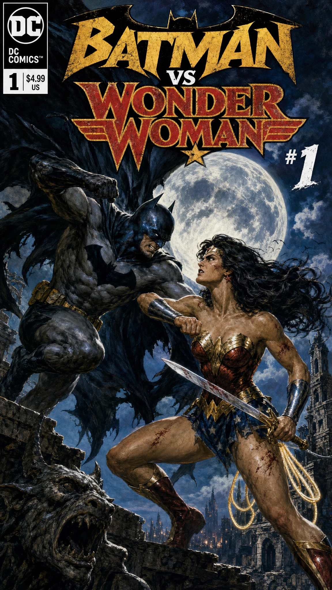 Batman affronte Wonder Woman sur une couverture de comic fantasy dramatique