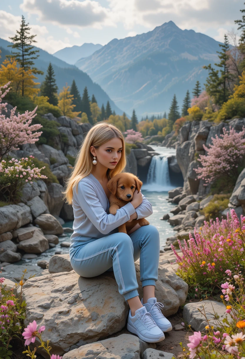 Menina com filhote à beira de rio na primavera nos Montes Tatras