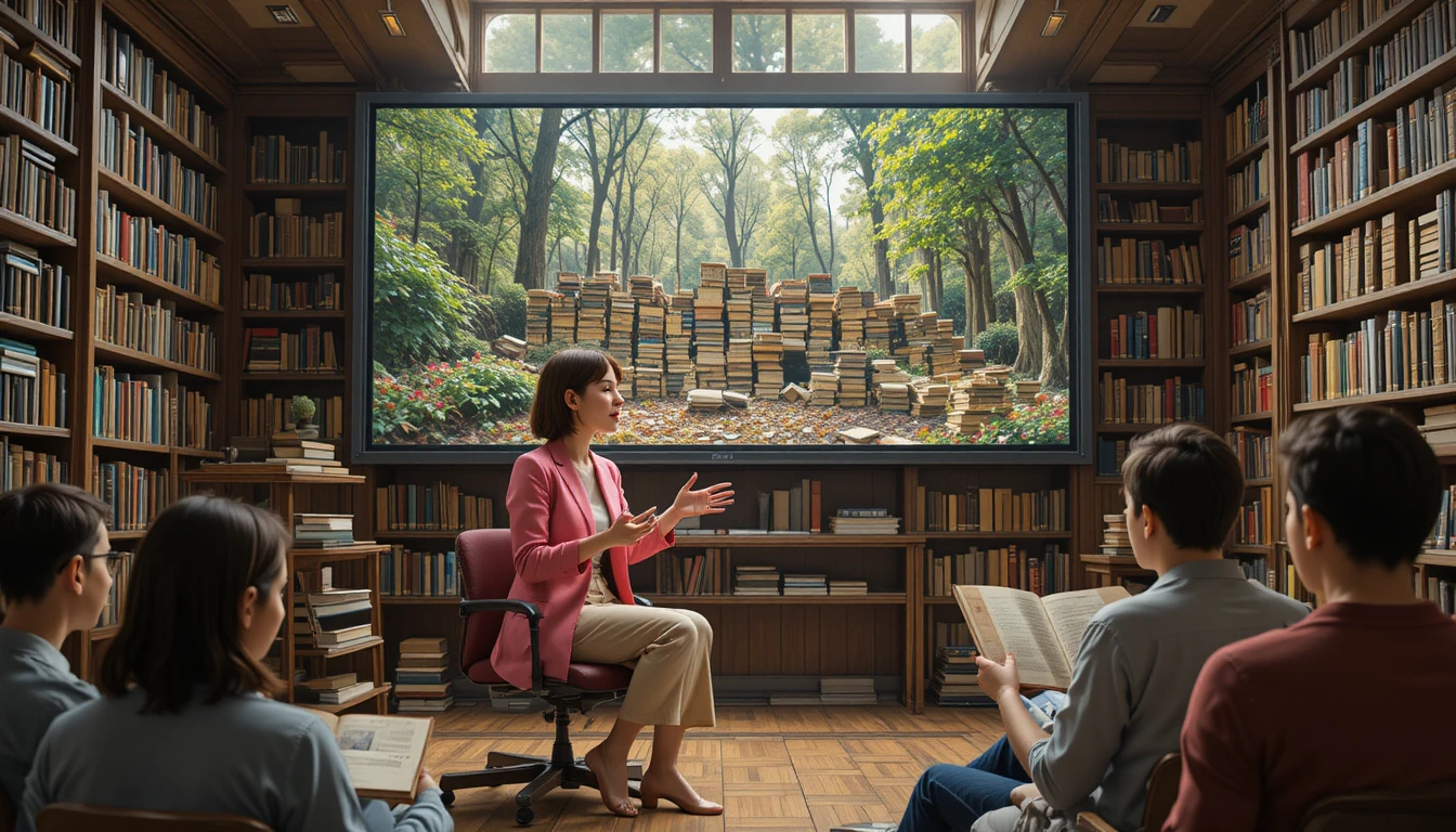 Mulher apresentando em uma biblioteca aconchegante com estantes de livros