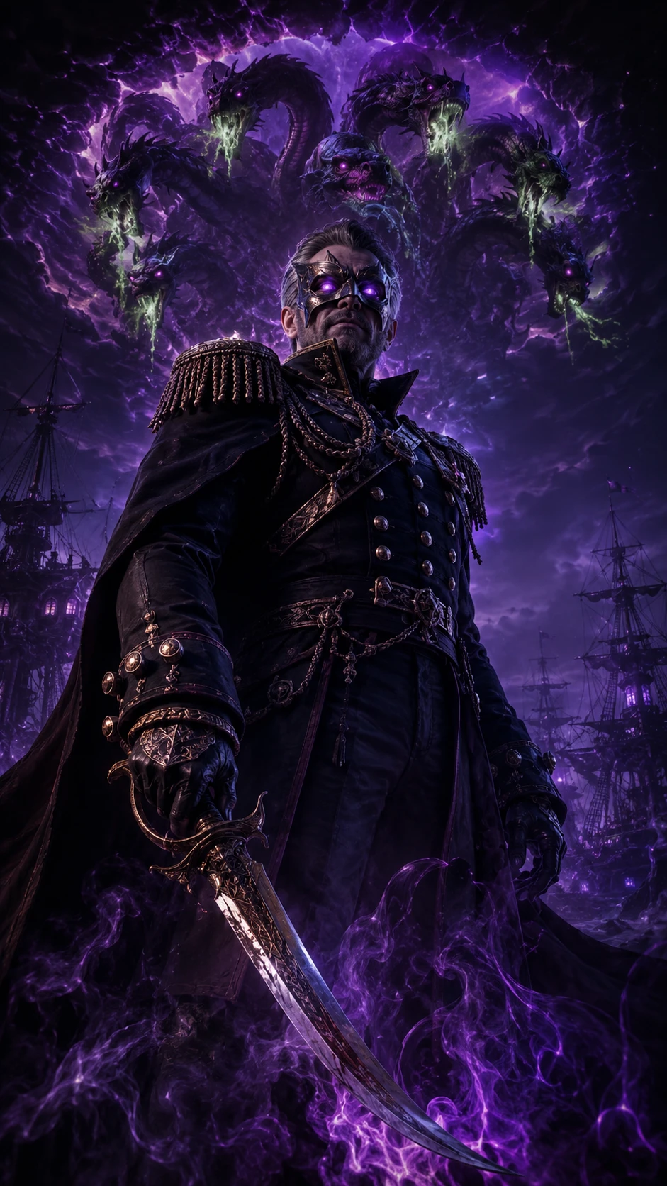 Commandant de fantasy masqué en uniforme militaire sombre