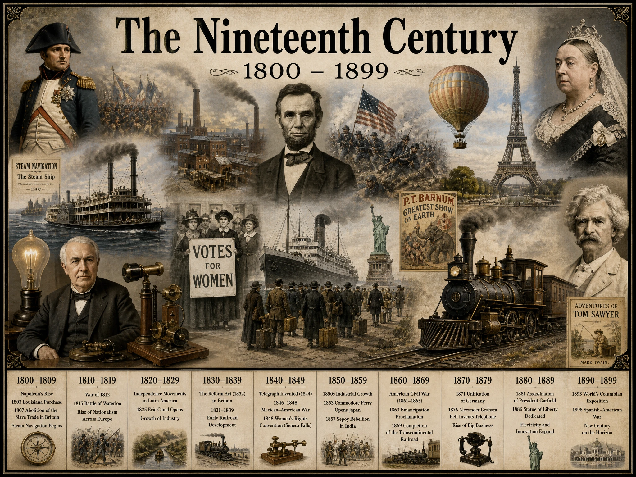 Montagem histórica dos anos ao longo do século XIX