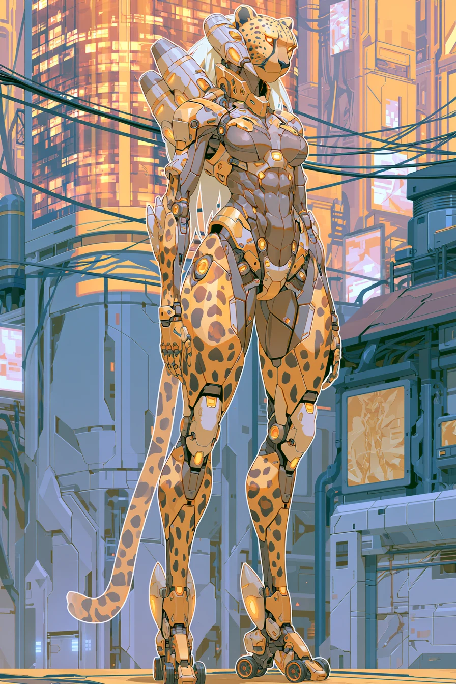 Grande femme d'anime en armure dans une ville futuriste