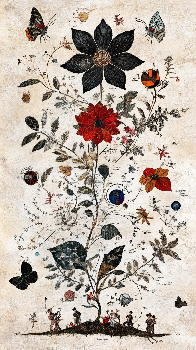 Botanical flowers merging with surreal analytics dashboards