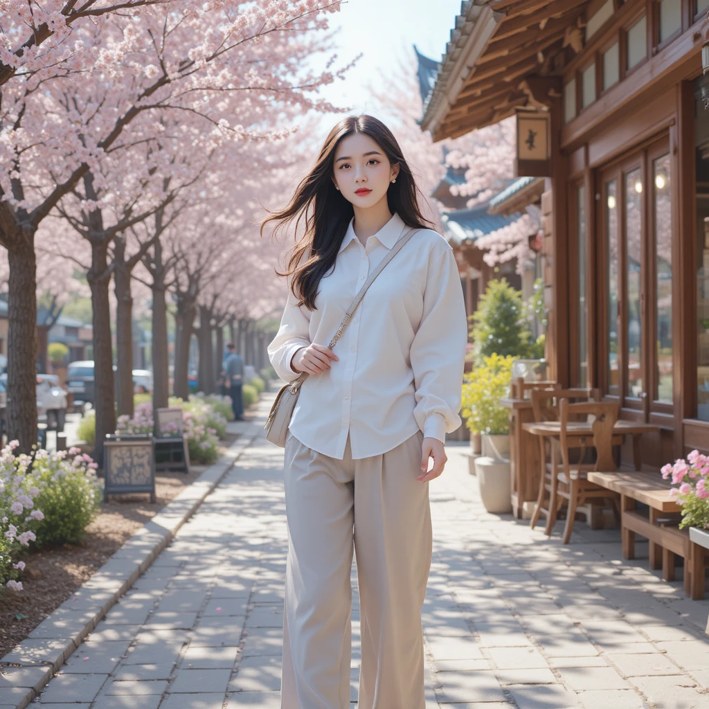 Chica coreana linda en una calle de cerezos en flor en Seúl
