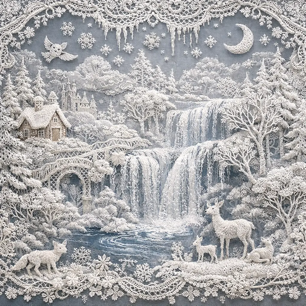Art de dentelle délicate dans un paysage de cascade hivernale féerique