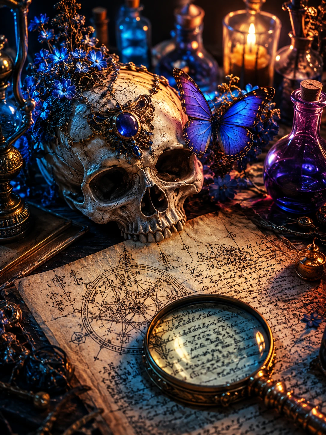 Mystisches Stillleben mit Schädel, Schmetterling und uralter Pergamentrolle