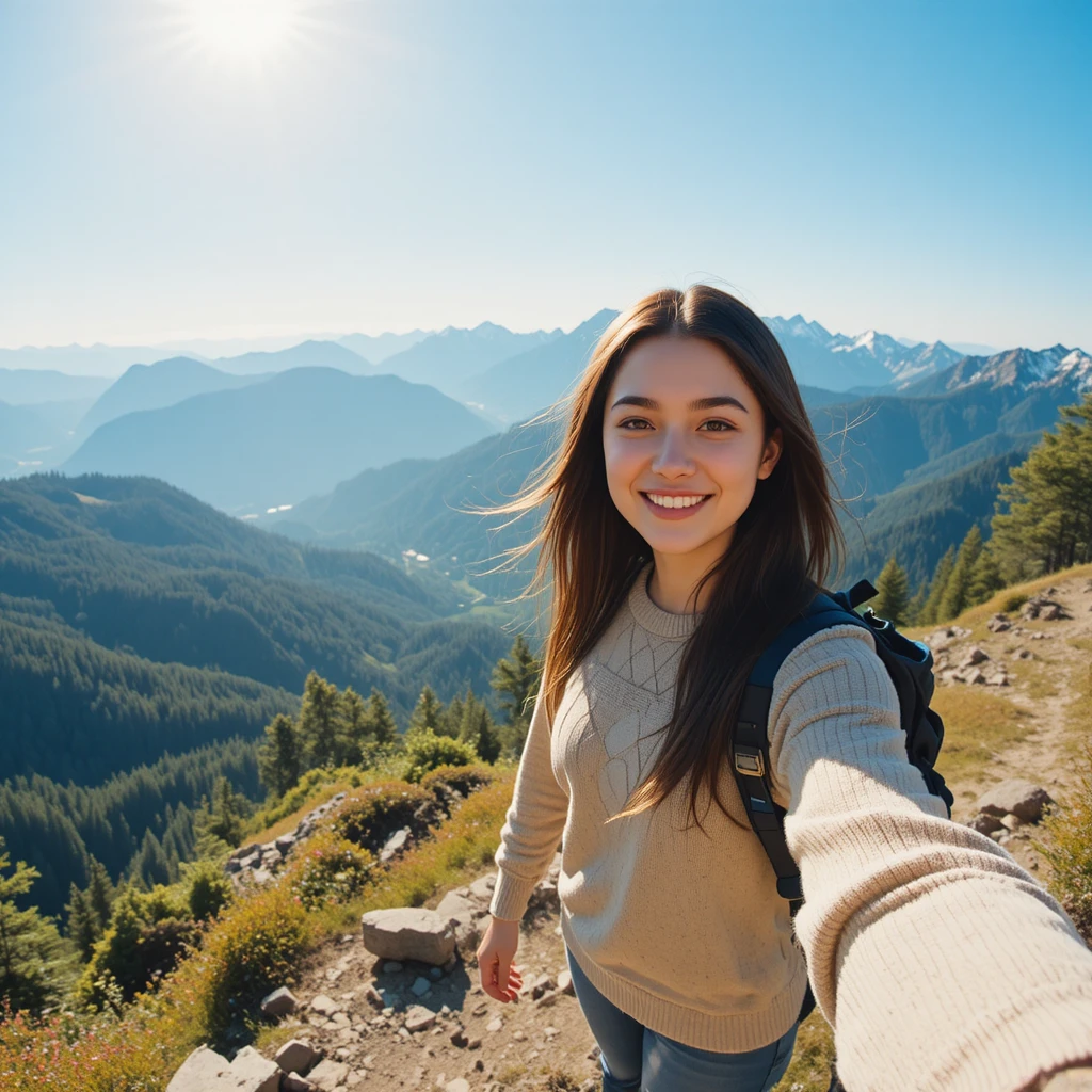 Young woman selfie video on sunny mountain trail