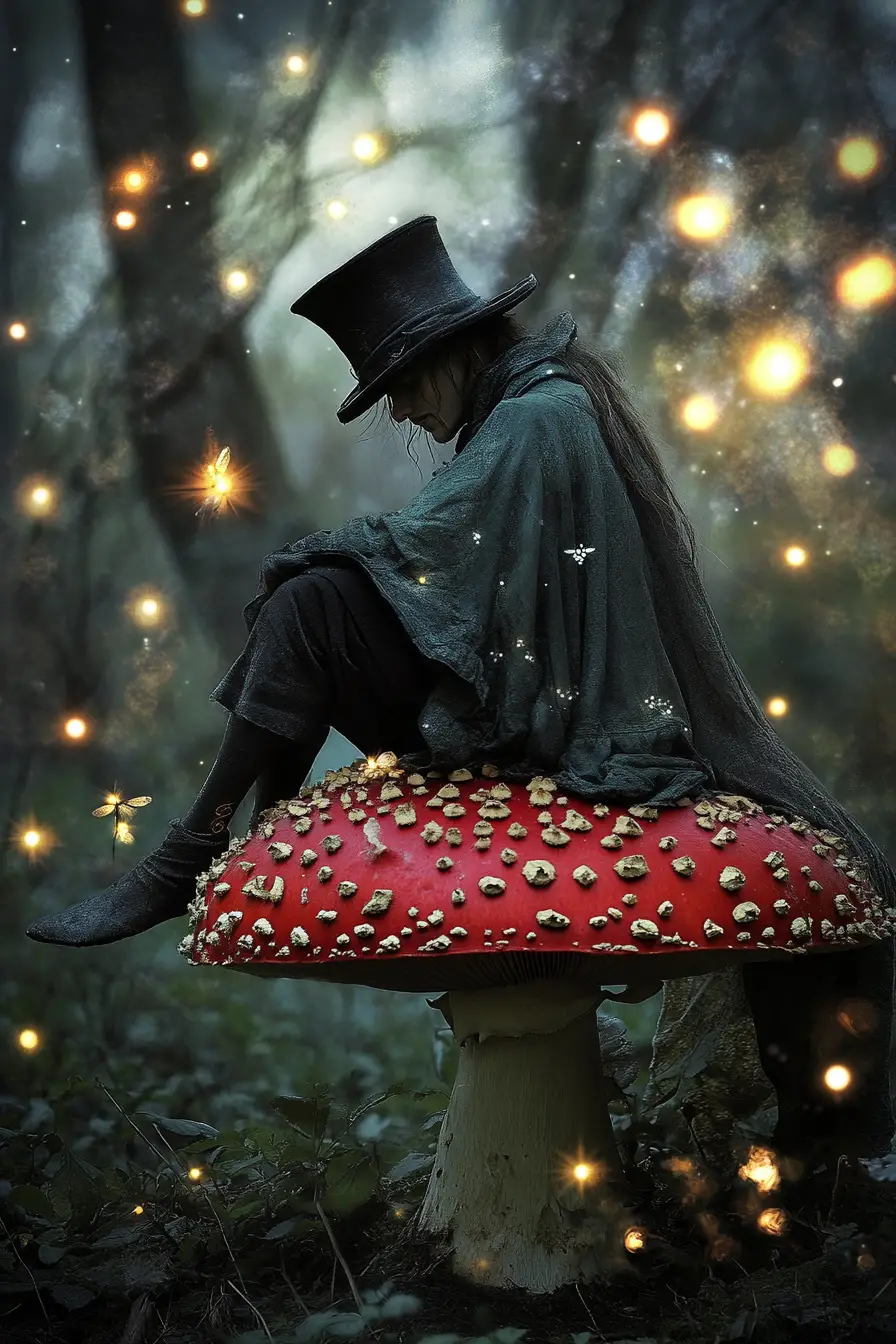 Forest spirit on red mushroom under glowing full moon