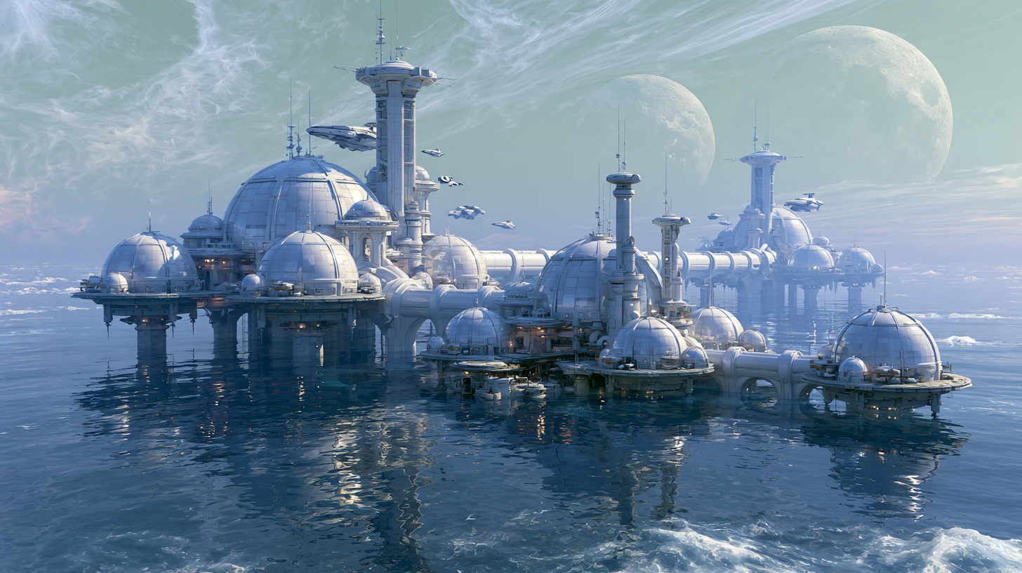 Imensa cidade alienígena flutuante sobre um oceano calmo e reflexivo