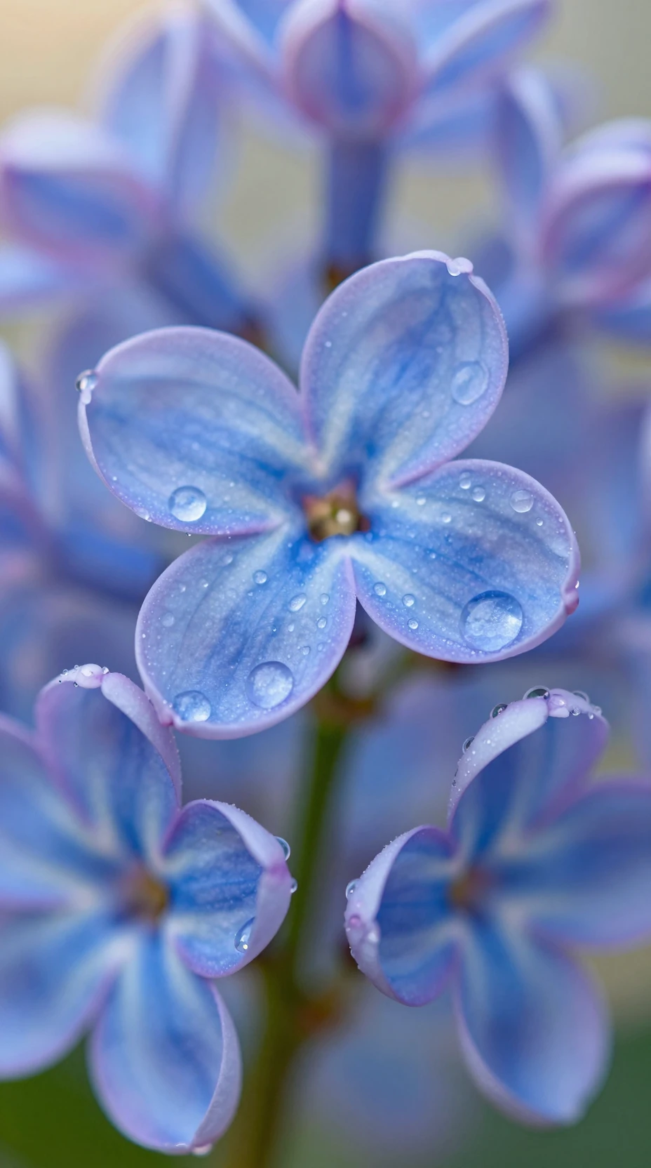 Flor de lilás azul coberta de orvalho ao amanhecer em close-up