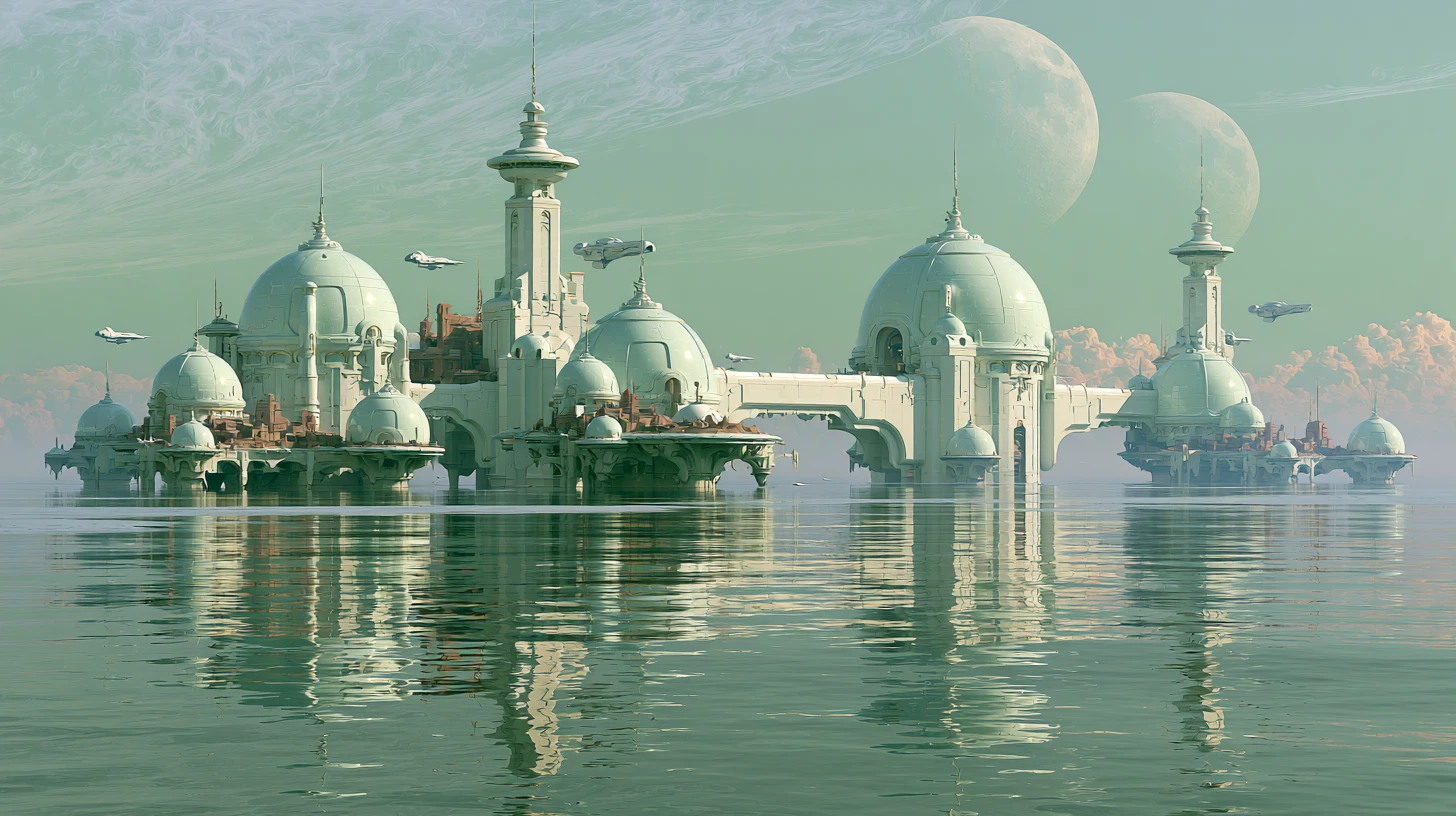 Imensa cidade alienígena flutuante sobre um oceano calmo e reflexivo