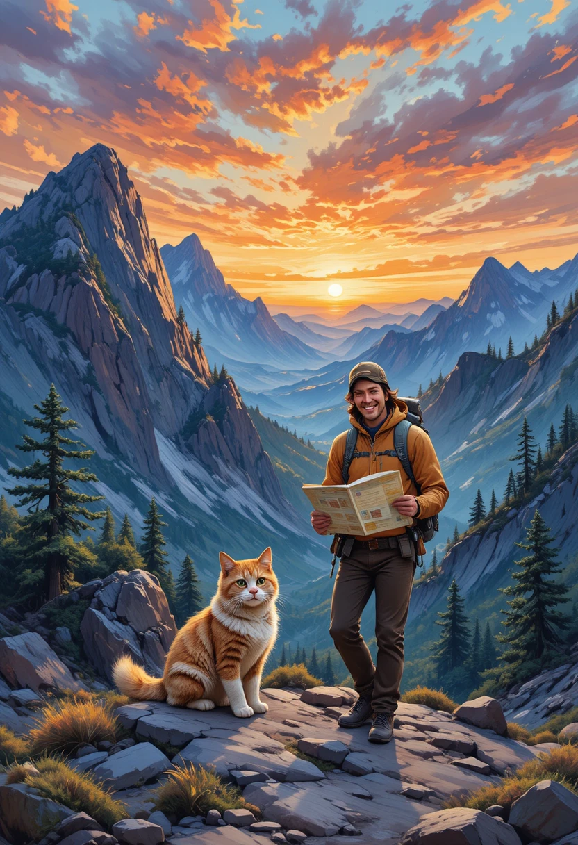 Gato e dono caminhando por paisagem montanhosa acidentada ao pôr do sol