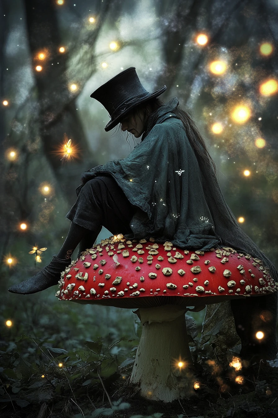 Forest spirit on red mushroom under glowing full moon
