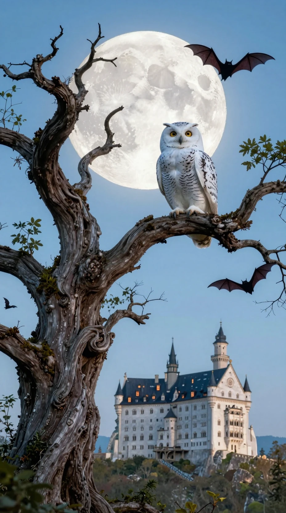 Gufo bianco su albero contorto sotto la luna piena nascente