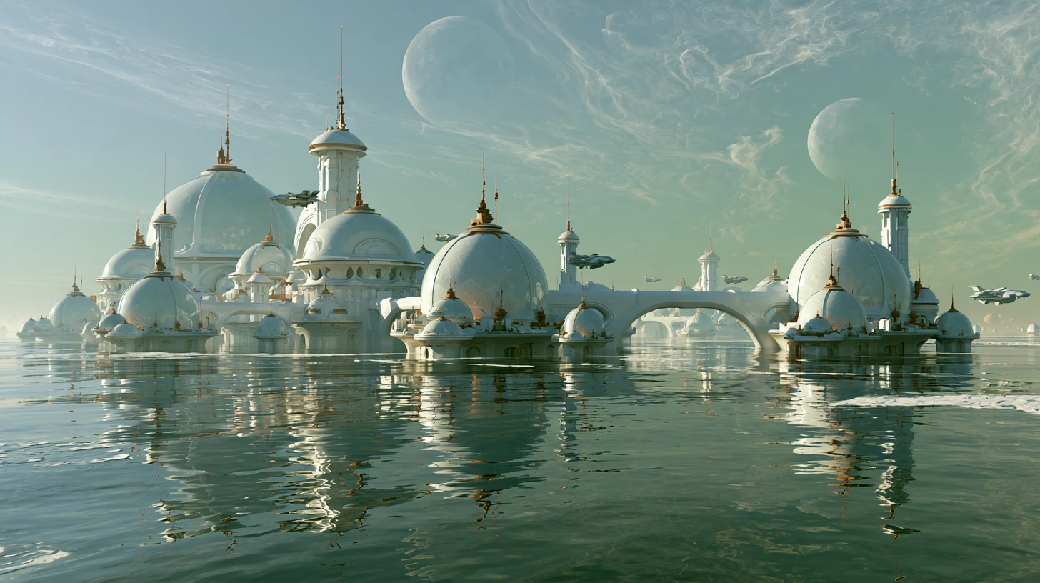 Città aliena futuristica che fluttua sopra un vasto oceano calmo