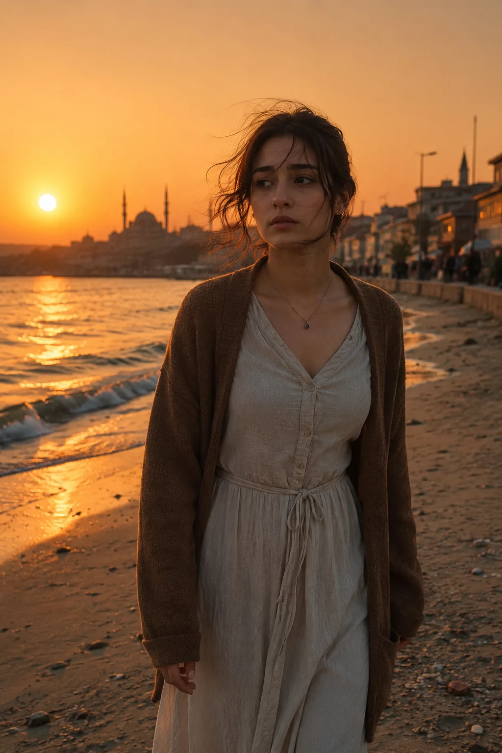 Young woman walking alone on a tranquil turkish beach at sunset