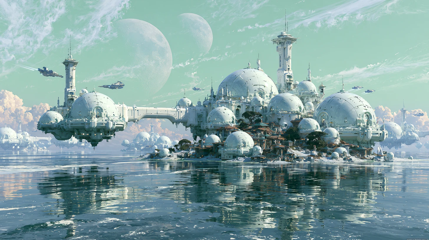 Vasta città aliena che fluttua sopra un oceano calmo e riflettente