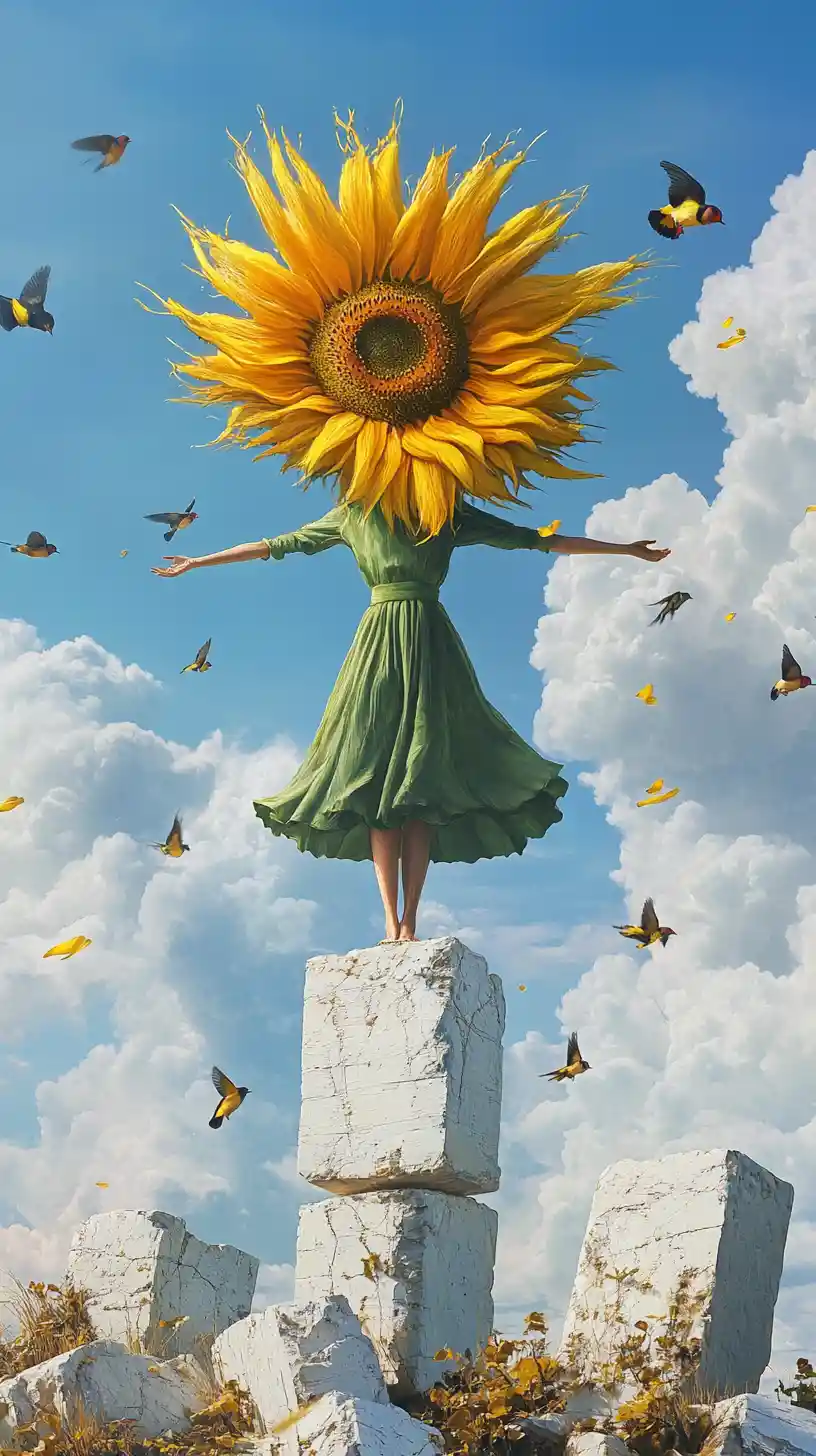 Donna surreale con testa di girasole sopra pilastri di pietra