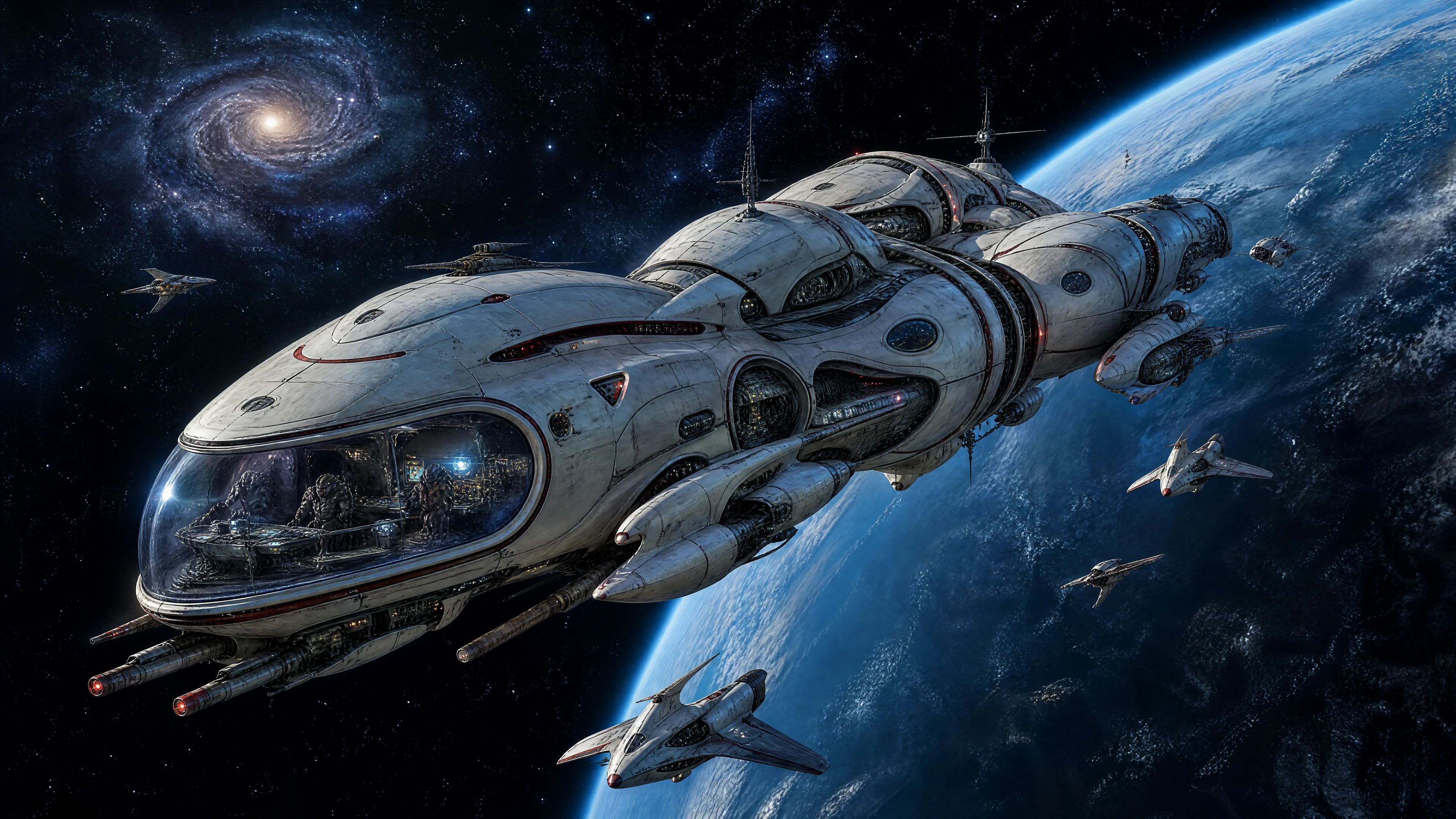 Alien-Kreuzer gleitet an einem riesigen blauen Planeten vorbei