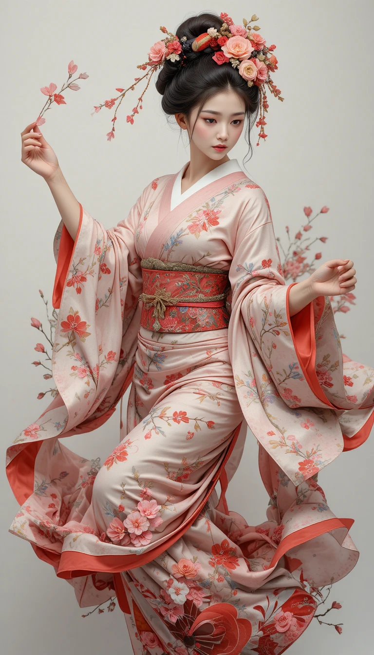 Geisha japonaise dansant en kimono traditionnel en gros plan