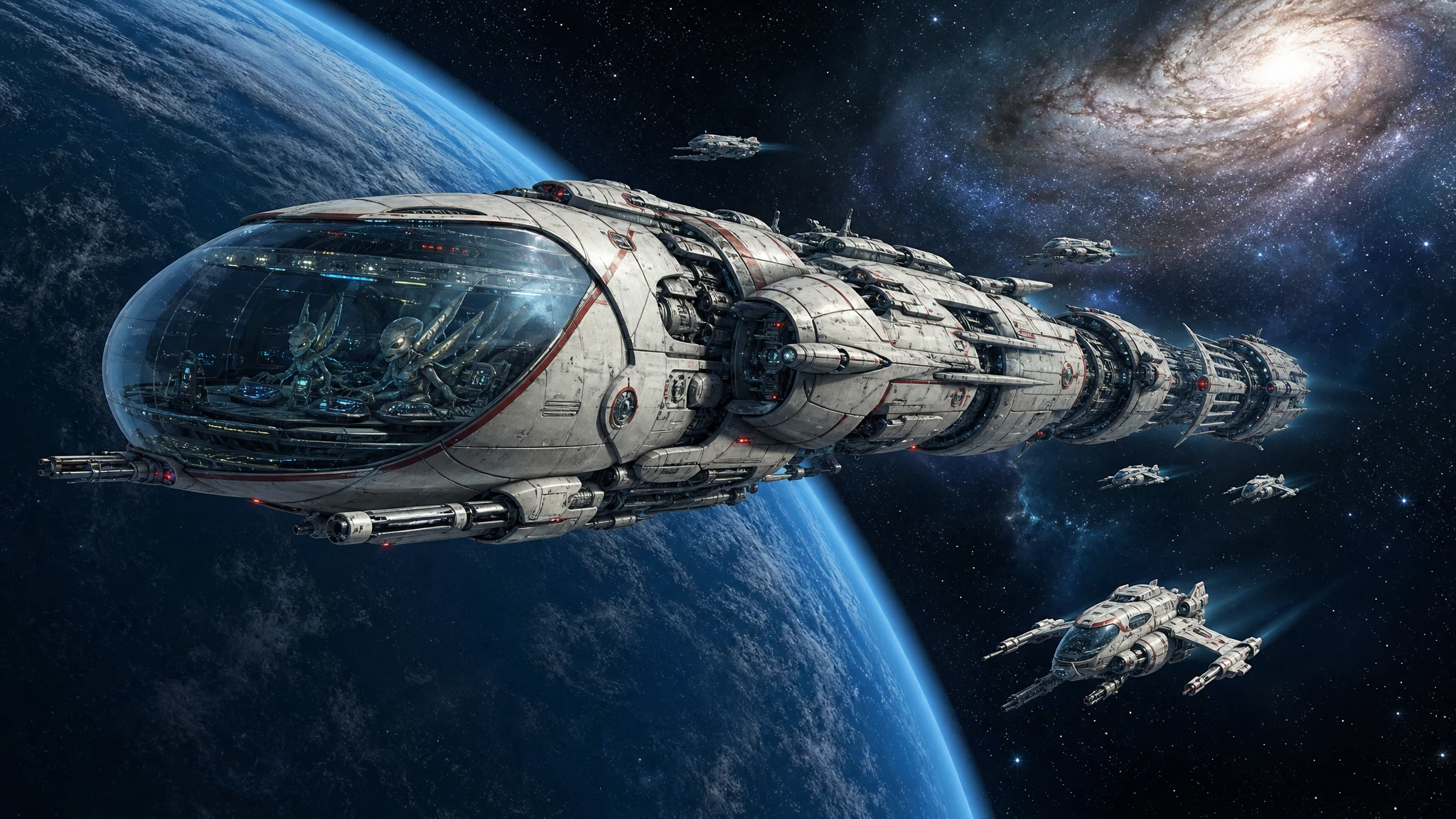Cruzador alienígena passa discretamente por um vasto planeta azul