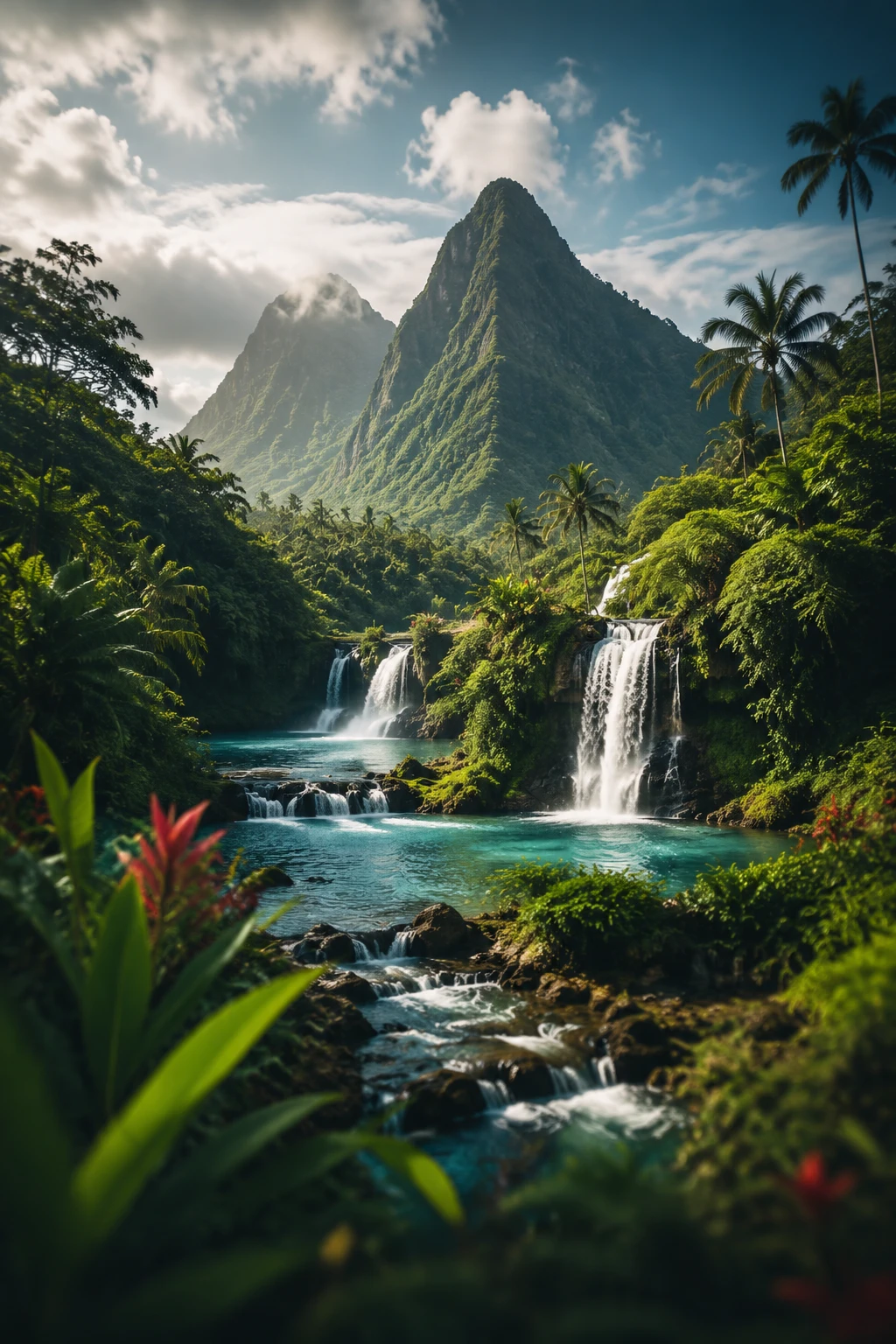 Paisagem tropical tranquila com cachoeiras e piscinas turquesa