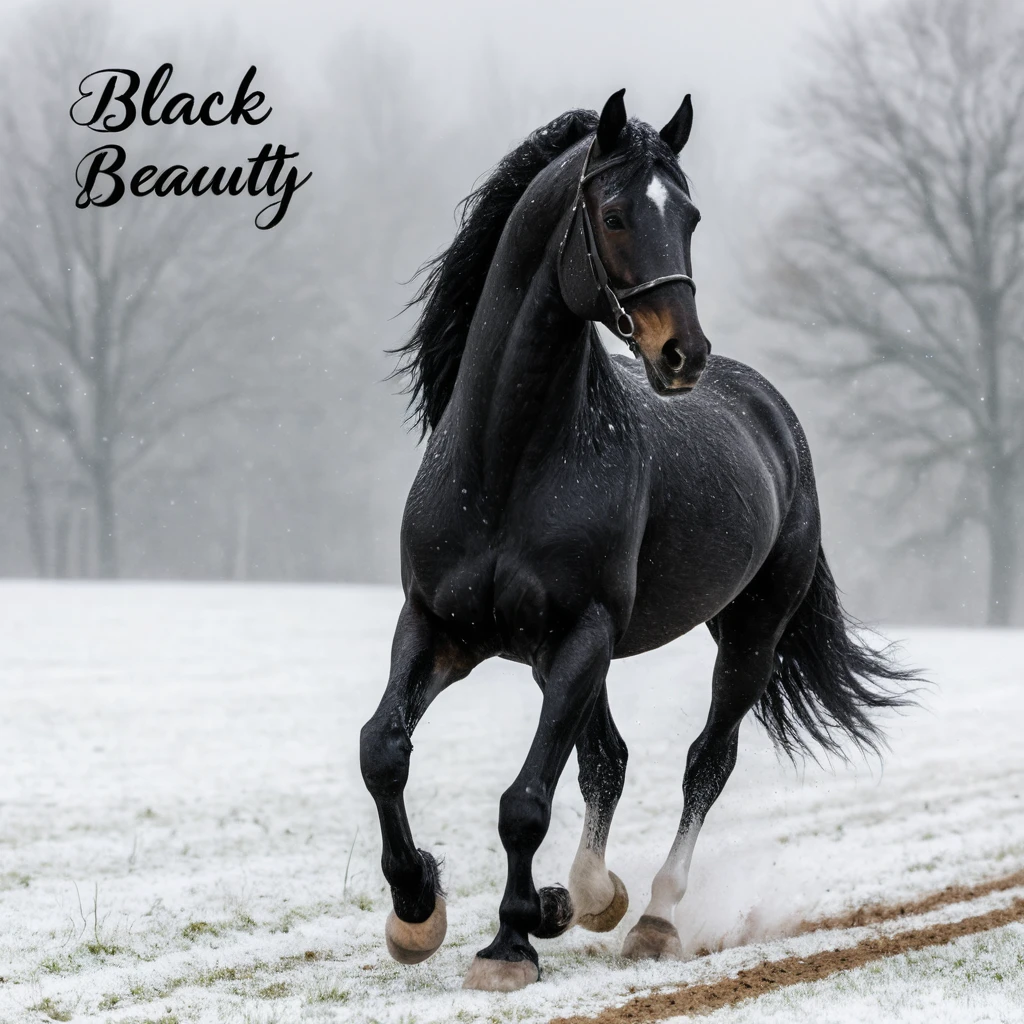 Cavalo preto trotando em campo nevado com texto de título