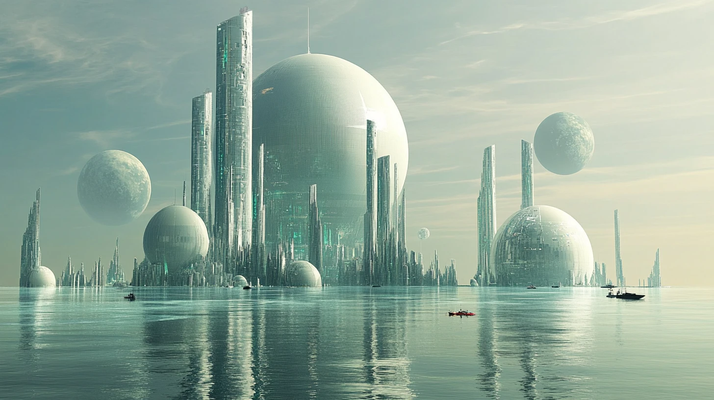 Cidade alienígena flutuante no oceano com altas cúpulas brancas