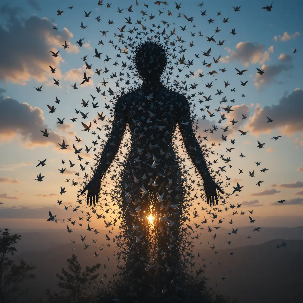 Human silhouette formed by swirling flock of birds