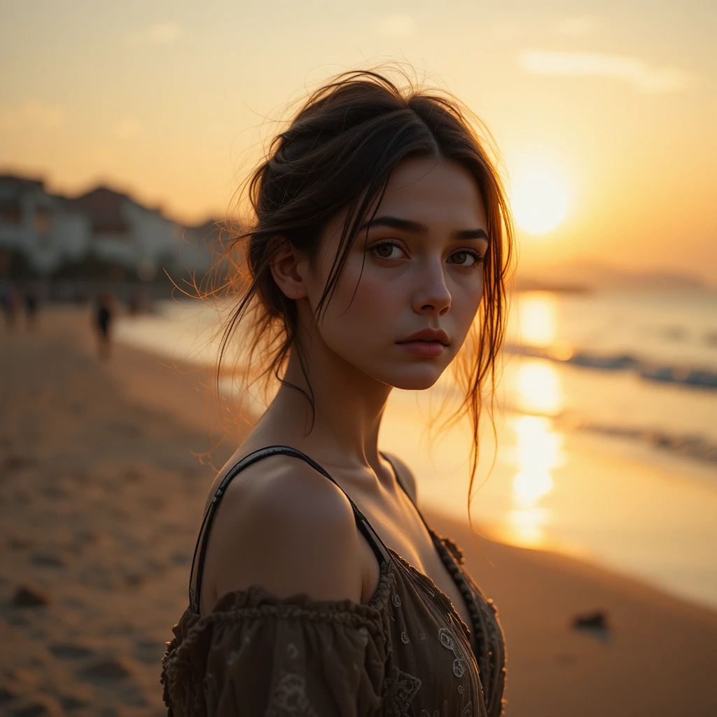 年輕女子獨自在寧靜的夕陽海灘上散步