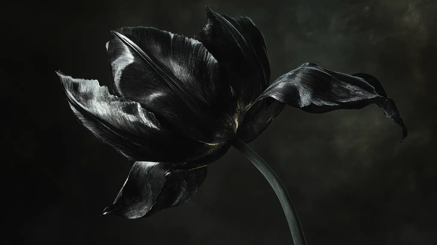 Black tulip emerging from darkness with surreal botanical details
